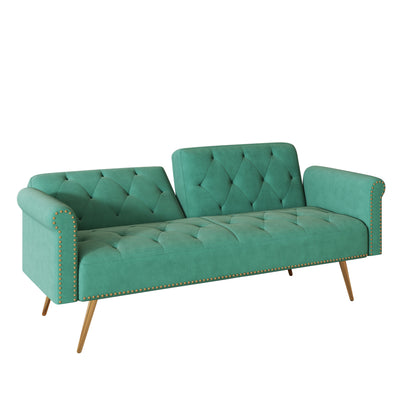 Velvet Sofa Bed with Nail Head Trim and Throw Pillow in Green, 69.7 Inches, Sponge Filling, Gold Metal Legs