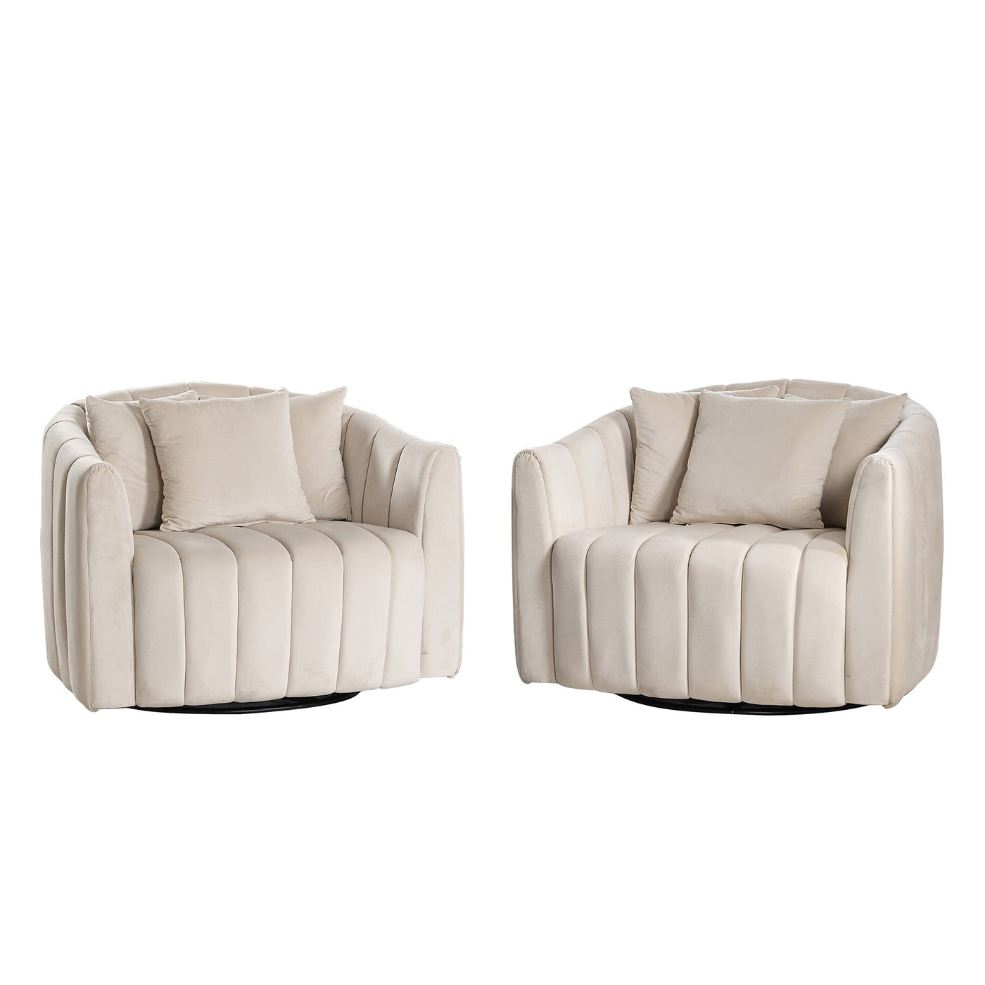 40.35'W Upholstered Oversized 360° Swivel Accent Barrel Chair and Half Cozy Sofa with 3 Pillows, Velvet Channel Tufted Pumpkin-Shape Club Armchair for Living Room, Bedroom, Office, Lounge, Beige