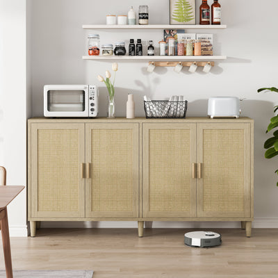 Natural Rattan Buffet Cabinet with Storage, 4-Door Sideboard, Adjustable Shelves, 70-Inch