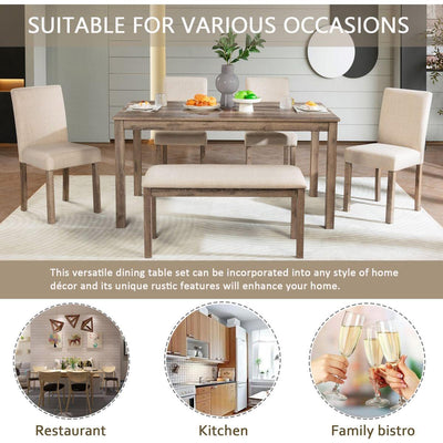 6-Piece Dining Table Set, Wooden Dining Table Set for 6, Kitchen Dining Table Set with 4 Upholstered Chairs and a Bench for Kitchen, Dining Room (Brown)
