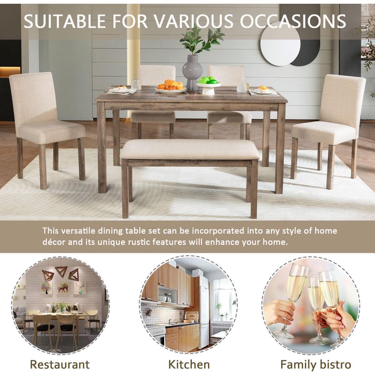6-Piece Dining Table Set, Wooden Dining Table Set for 6, Kitchen Dining Table Set with 4 Upholstered Chairs and a Bench for Kitchen, Dining Room (Brown)