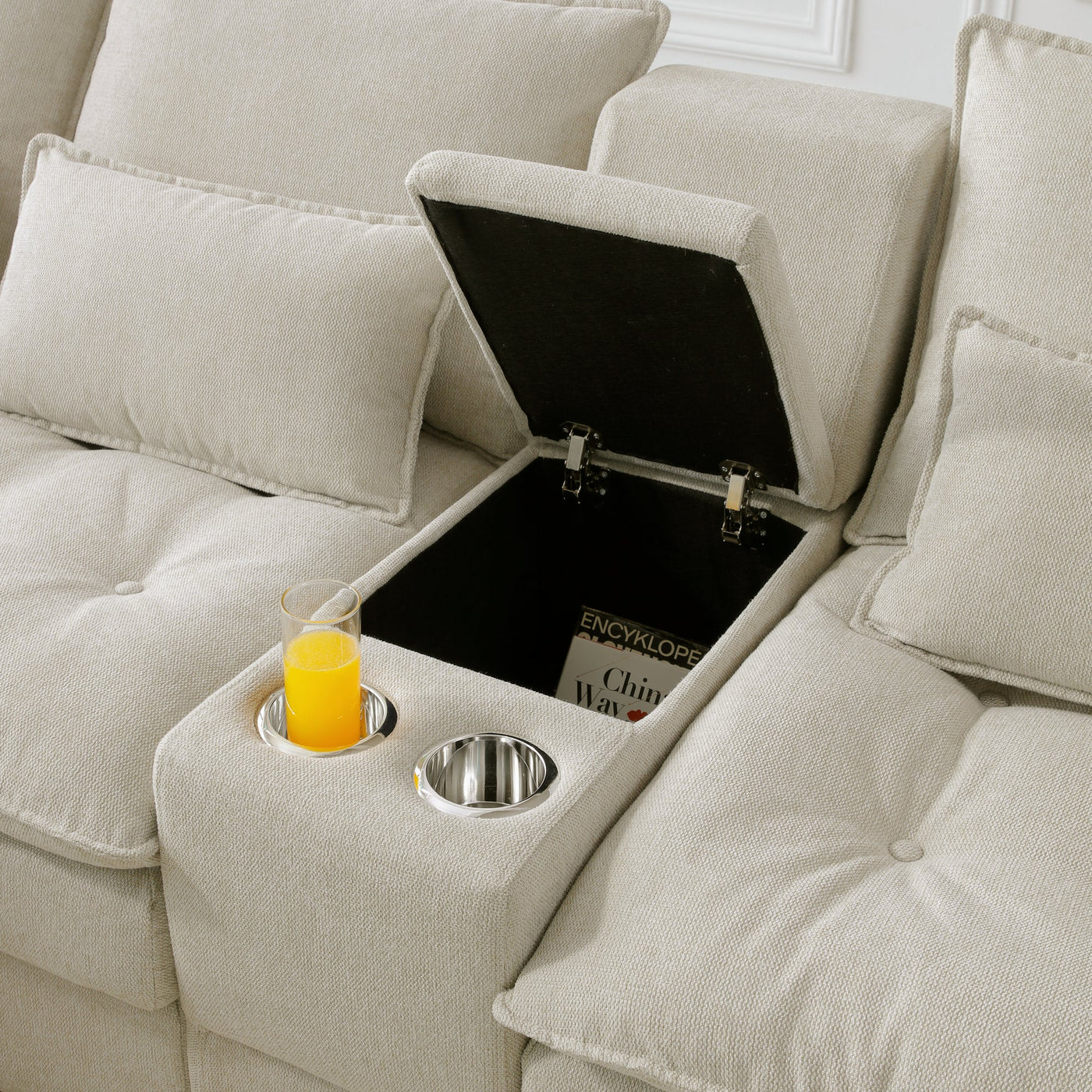 U-shaped Beige Upholstered Sofa with Console and Cupholders for Living Room