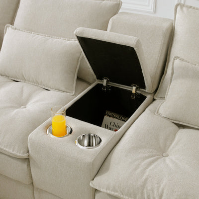 U-shaped Beige Upholstered Sofa with Console and Cupholders for Living Room