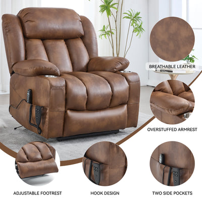 Dual Motor Infinite Position Up to 350 LBS Leatherair Power Lift Recliner Chair, Heavy Duty Motion Mechanism with 8-Point Vibration Massage and Lumbar Heating, Stainless steel Cup Holders, Brown