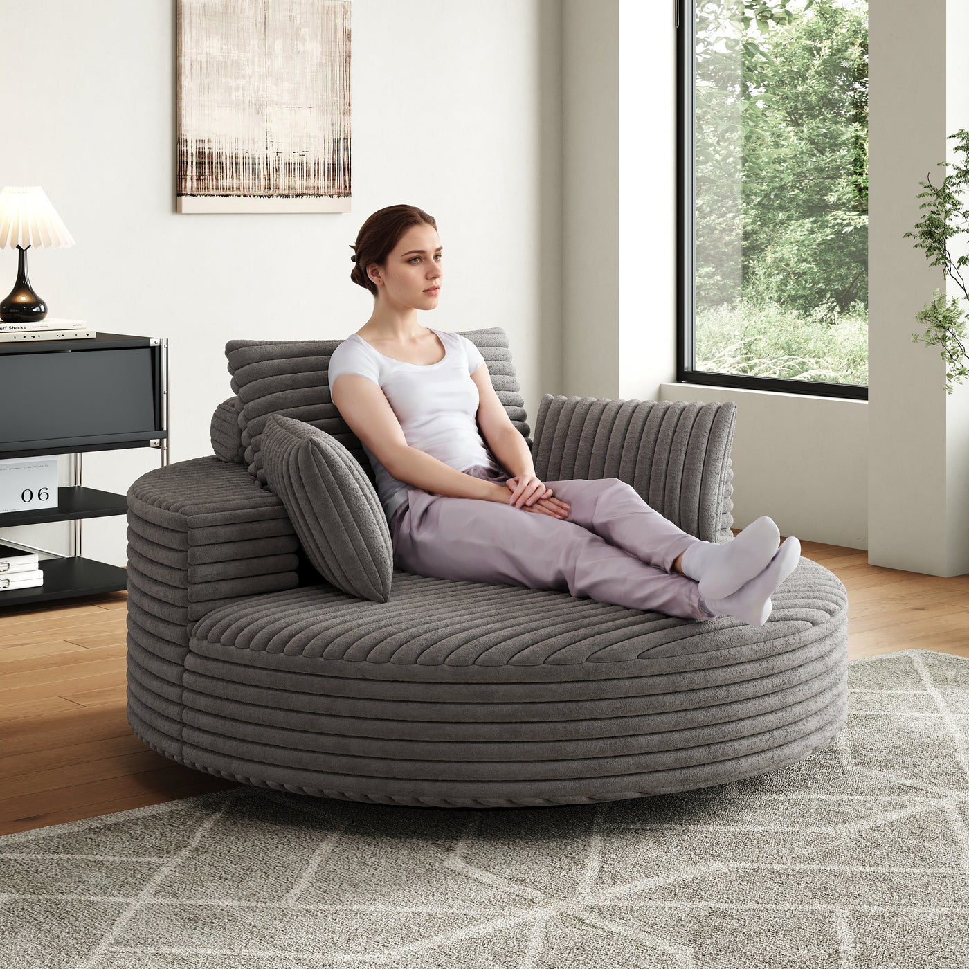 55''L Corduroy Chenille Foam Single Swivel Chair, Fluffy Modern Sleeper, 360 Degree Swivel Chair for Living Room, Bedroom, Lounge and Projection Room
