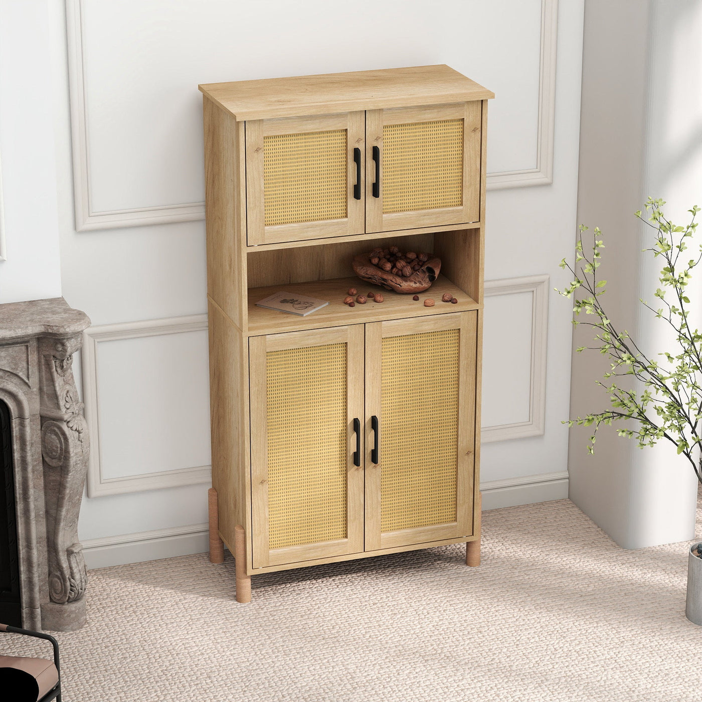 Mid-Century Modern 4-Door Storage Cabinet with Woven Rattan Doors & Adjustable Shelves - Perfect for Living Room & Dining Room