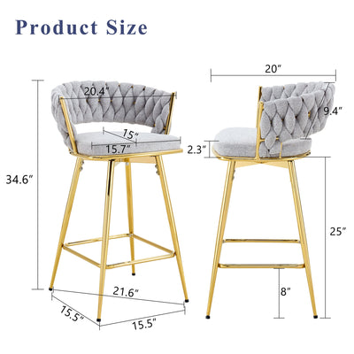 A set of 4 rotating bar stools, equipped with breathable linen cushions - beige seats with golden metal legs, suitable for the height of the kitchen island, dining table or bar counter