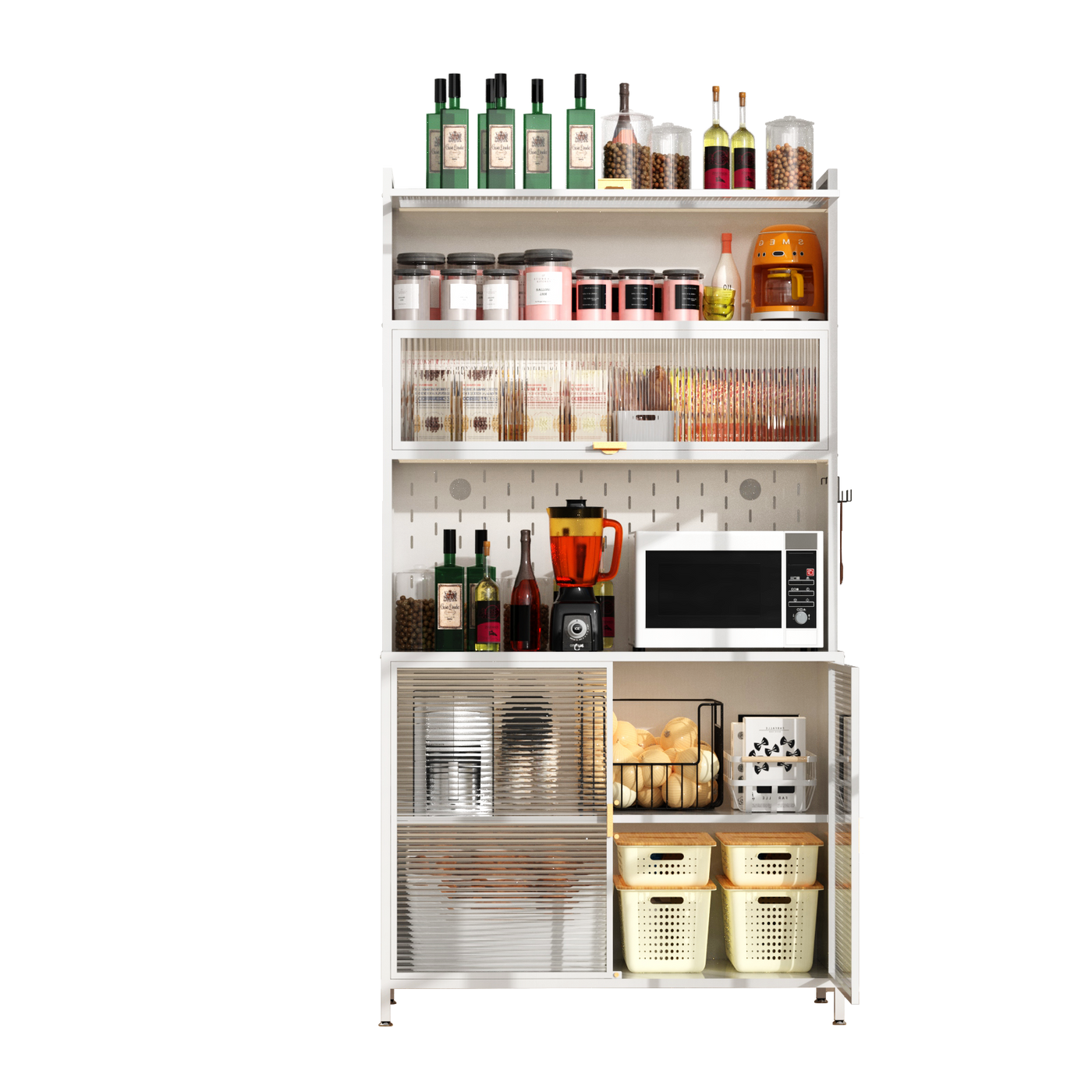 73'' Tall Kitchen Pantry Cabinet , 6 Level Flip Door with Pegboard Metal Pantry Storage Cabinet, Anti-Tip Design Hutch for Kitchen, Dining Room, Living Room (White)