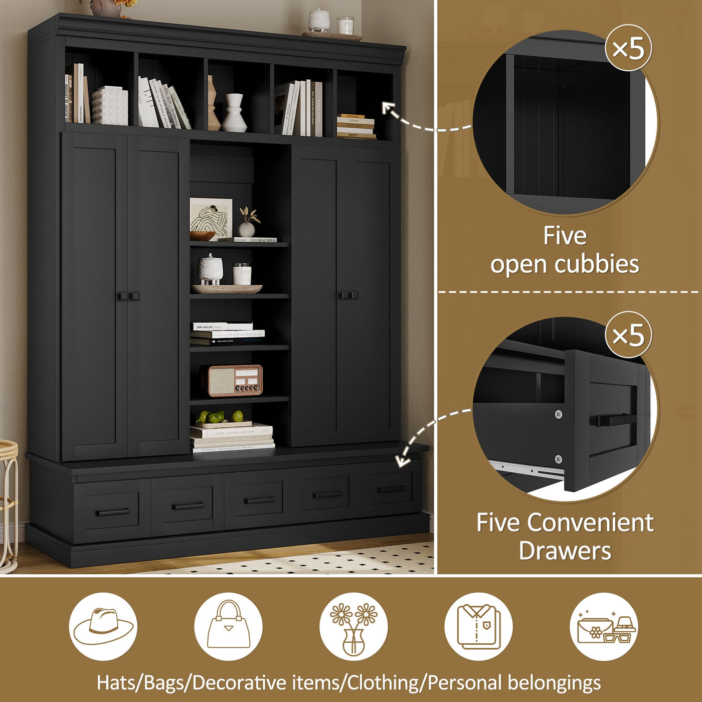 U-Can 78.7'H Hall Tree with Bench and 5 Storage Cubbies, Modern Entryway Storage Organizer Cabinet with 4 Doors, 5 Drawers and Adjustable Shelves for Hallway, Entryway, Living Room