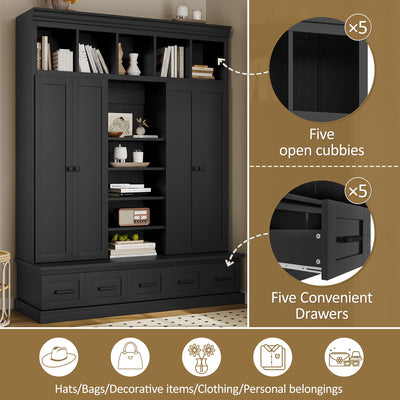 U-Can 78.7'H Hall Tree with Bench and 5 Storage Cubbies, Modern Entryway Storage Organizer Cabinet with 4 Doors, 5 Drawers and Adjustable Shelves for Hallway, Entryway, Living Room