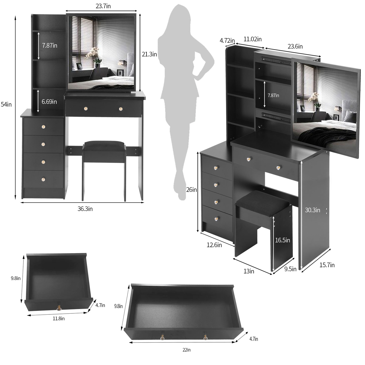 37' Middle Size Left Bedside Cabinet Vanity Table + Cushioned Stool, Extra Large Right sliding mirror, Multi Layer High Capacity Storage, Practical Fashionable Dresser, Suitable For Middle Space