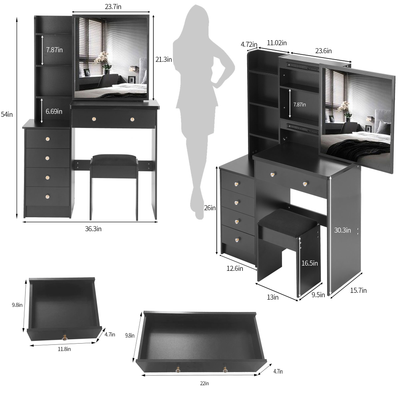 37' Middle Size Left Bedside Cabinet Vanity Table + Cushioned Stool, Extra Large Right sliding mirror, Multi Layer High Capacity Storage, Practical Fashionable Dresser, Suitable For Middle Space