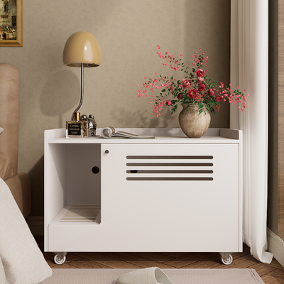 White Cat Litter Box Enclosure,Hidden Litter Box Furniture with top side fence,Wooden Pet House Side End Table, Storage Cabinet Bench for Living Room,,Bedroom, Fit Most of Litter Box