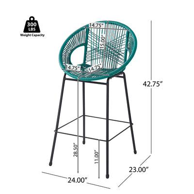Ferrara Outdoor Patio Teal Faux Wicker Barstool Set, Durable PE Material, Ergonomic Design, Teal Wicker with Black Frame