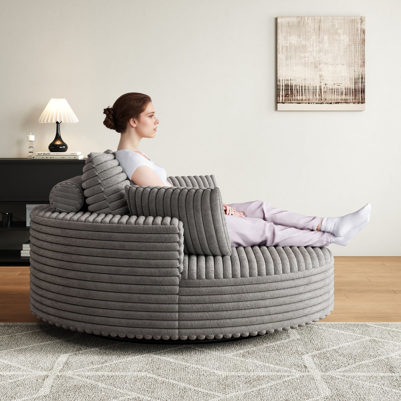 55''L Corduroy Chenille Foam Single Swivel Chair, Fluffy Modern Sleeper, 360 Degree Swivel Chair for Living Room, Bedroom, Lounge and Projection Room
