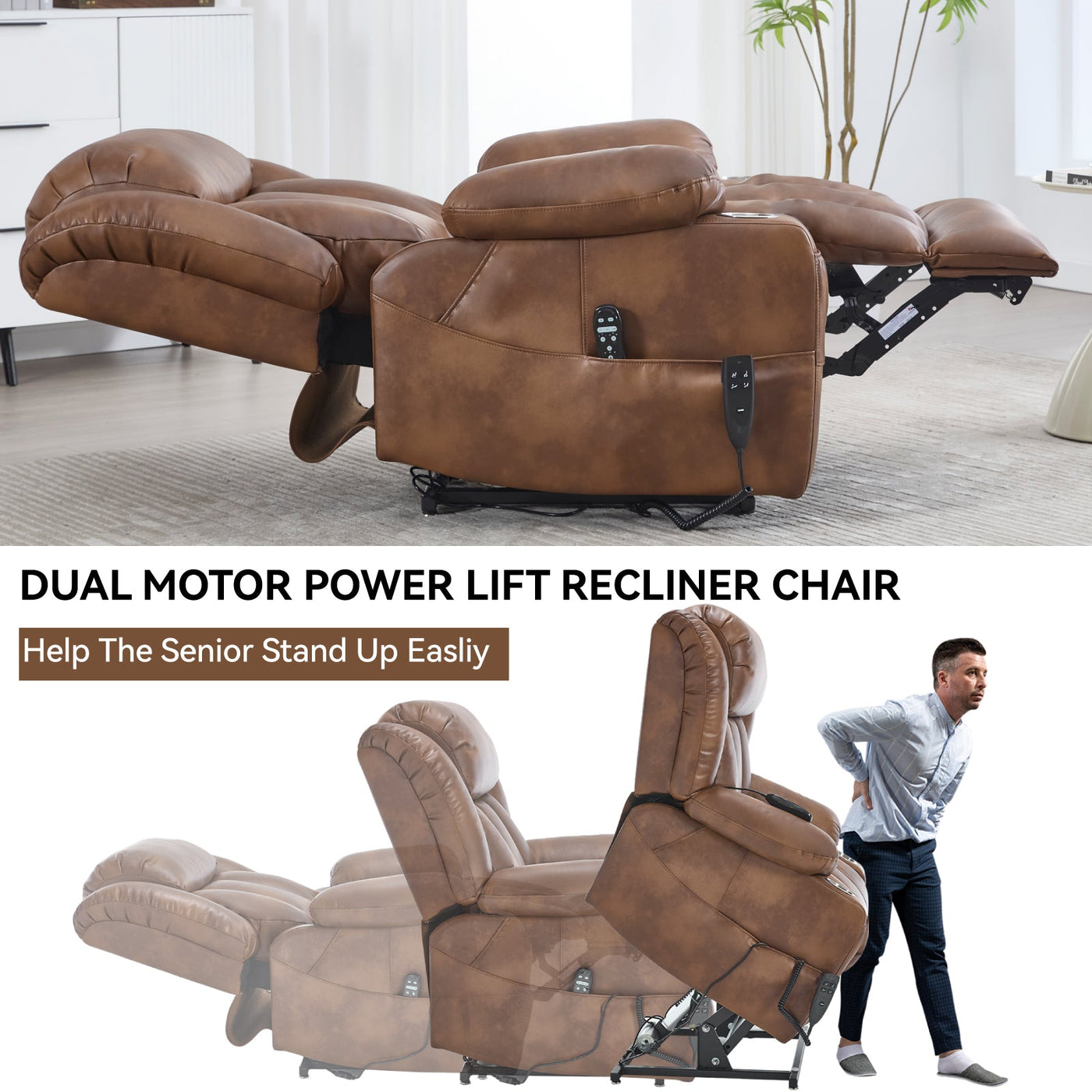 Dual Motor Infinite Position Up to 350 LBS Leatherair Power Lift Recliner Chair, Heavy Duty Motion Mechanism with 8-Point Vibration Massage and Lumbar Heating, Stainless steel Cup Holders, Brown
