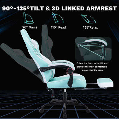 Ergonomic Video Gamer Chairs,Computer Gaming Chairs with Massage Lumbar Support and footrest,Racing Style Computer Chair Adjustable Headrest for Adults,GREEN