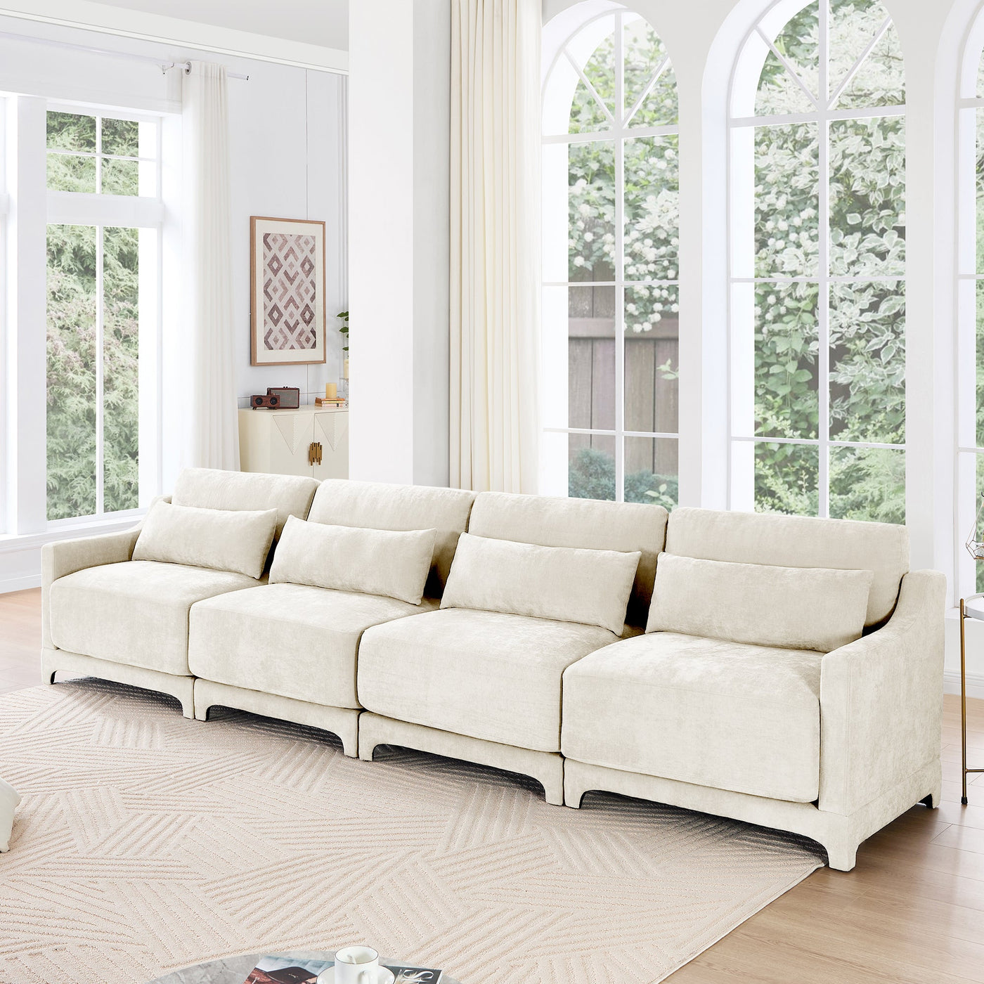 Elegant Four-Seater Chenille Sofa with Lumbar Pillow, Ergonomic Design, Solid Wood Frame, Beige
