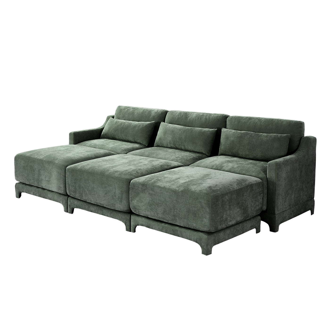 Ergonomic Three-Seater Sofa with Movable Ottomans and Lumbar Pillow in Green Chenille with Wooden Base