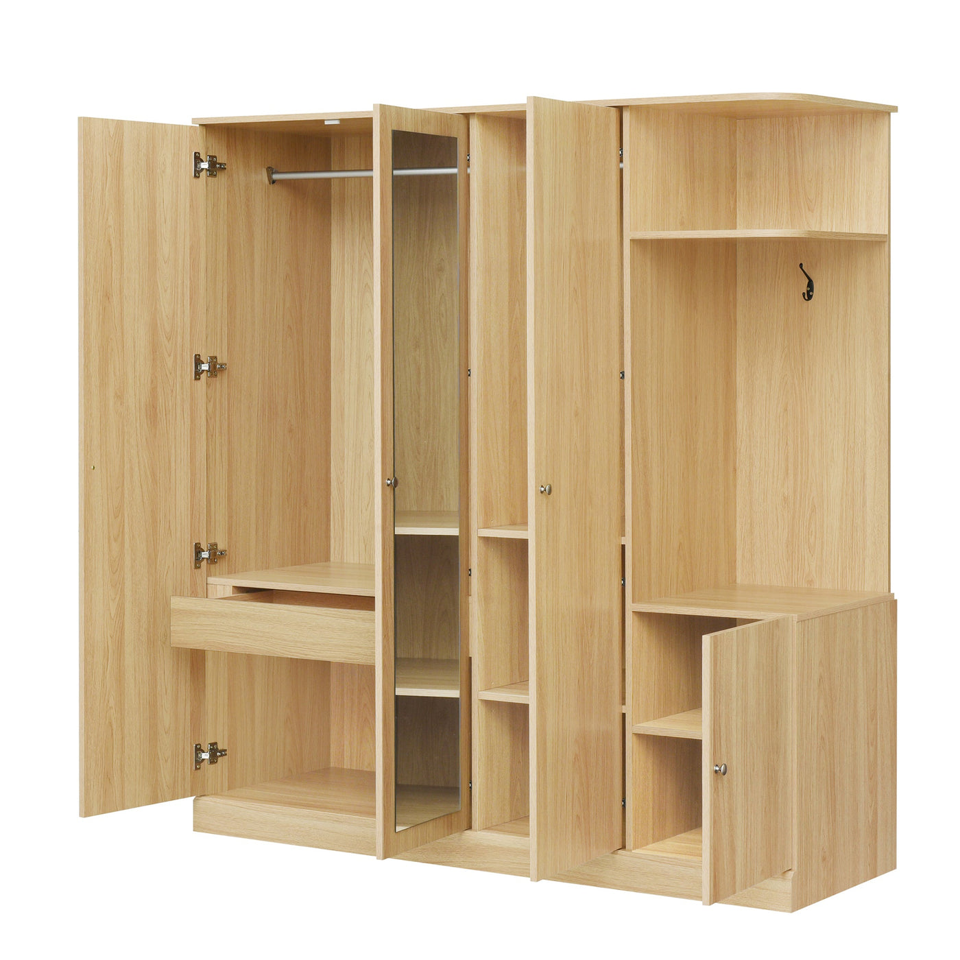 4-Door Wardrobe with Shelves, Drawers, and Full-Length Mirror, Natural