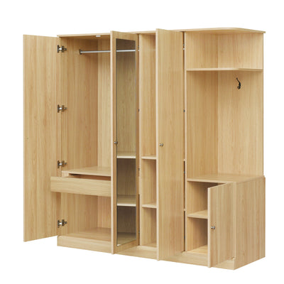 4-Door Wardrobe with Shelves, Drawers, and Full-Length Mirror, Natural