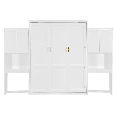 Queen Size Murphy Bed with Desk, Vanity and Cabinets, White