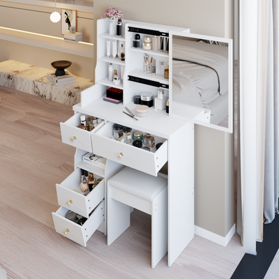 29.2' Small Size Left Drawer Desktop Vanity Table + Cushioned Stool, Extra Large Right sliding mirror, Multi Layer High Capacity Storage, Practical Fashionable Dresser, Suitable For Small Space