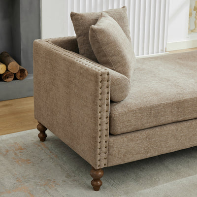 Upholstered Chaise Lounge Indoor with Nailheads, Sleeper Sofa Couch with 4 Throw Pillows & 2 Bolsters, Daybed with Rubberwood Legs, Taupe Chenille,75.2'' Wide