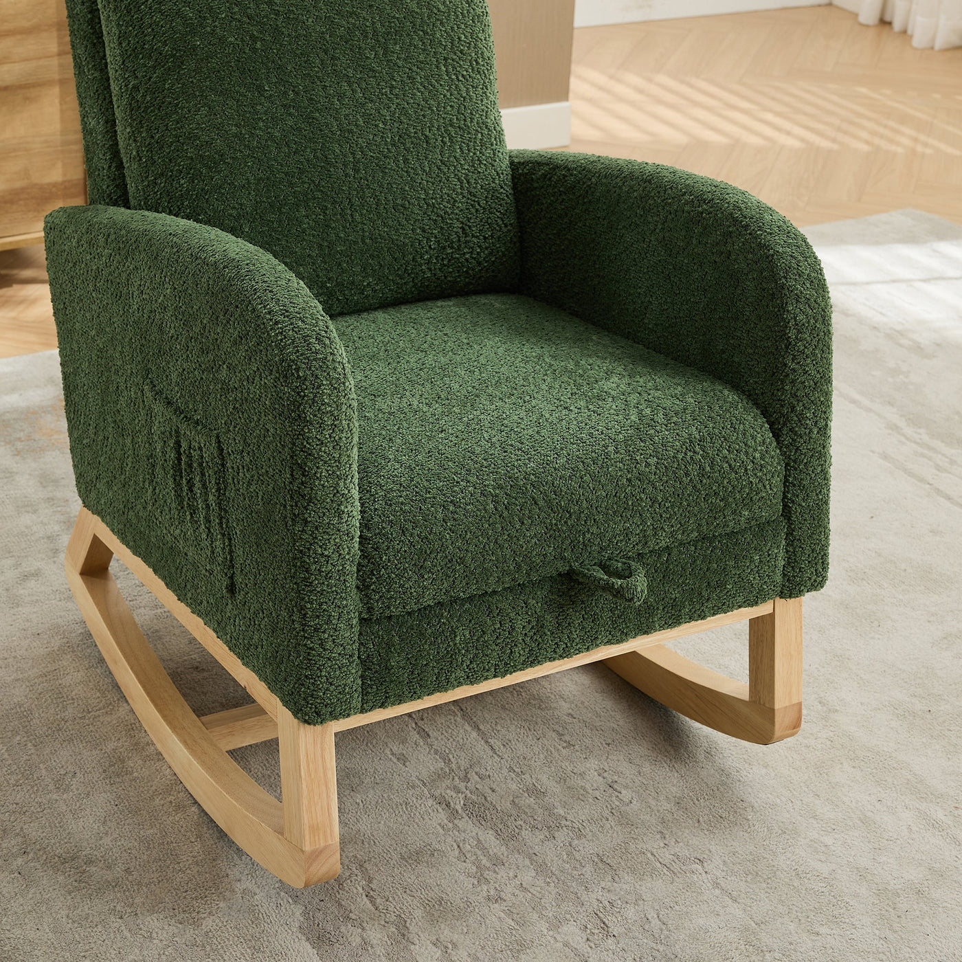 25.4'W Green Boucle High Back Glider Rocking Chair with Retractable Footrest and Rubber Wood Legs for Nursery and Living Room