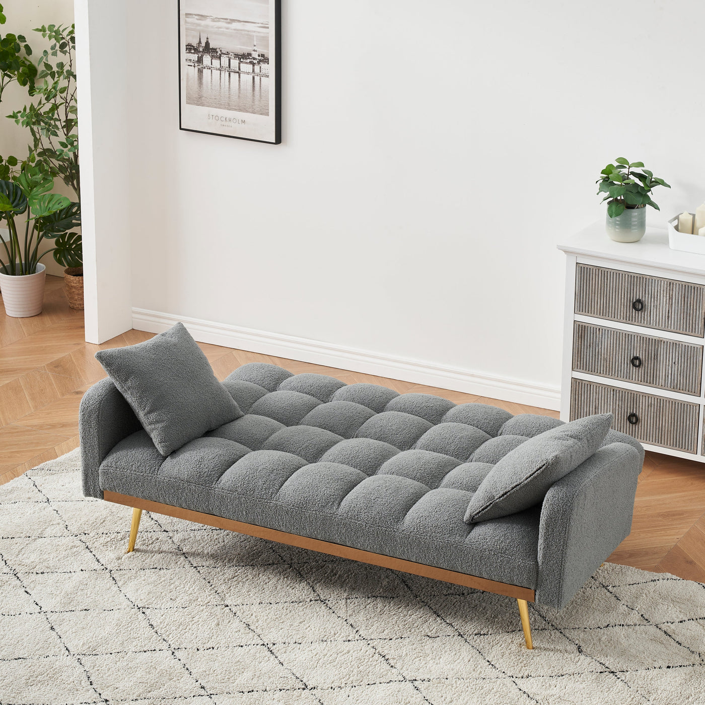 69 Inch Sofa Bed Gray with Adjustable Teddy Sofa for Small Space Living Room and Bedroom