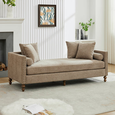 Upholstered Chaise Lounge Indoor with Nailheads, Sleeper Sofa Couch with 4 Throw Pillows & 2 Bolsters, Daybed with Rubberwood Legs, Taupe Chenille,75.2'' Wide