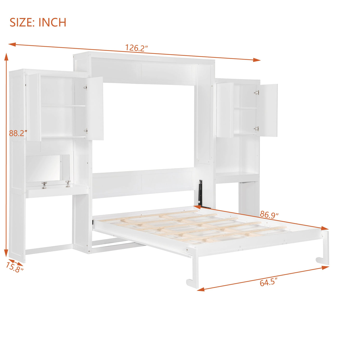 Queen Size Murphy Bed with Desk, Vanity and Cabinets, White