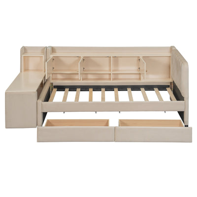 Twin Size Upholstered Daybed with Drawers, Shelves, Flip Cabinets & Side Table (Beige)