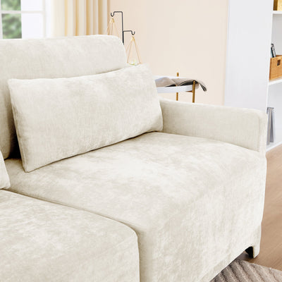 Elegant Chenille Three-Seater Sofa with Movable Ottomans, High-Resilience Sponge, Beige