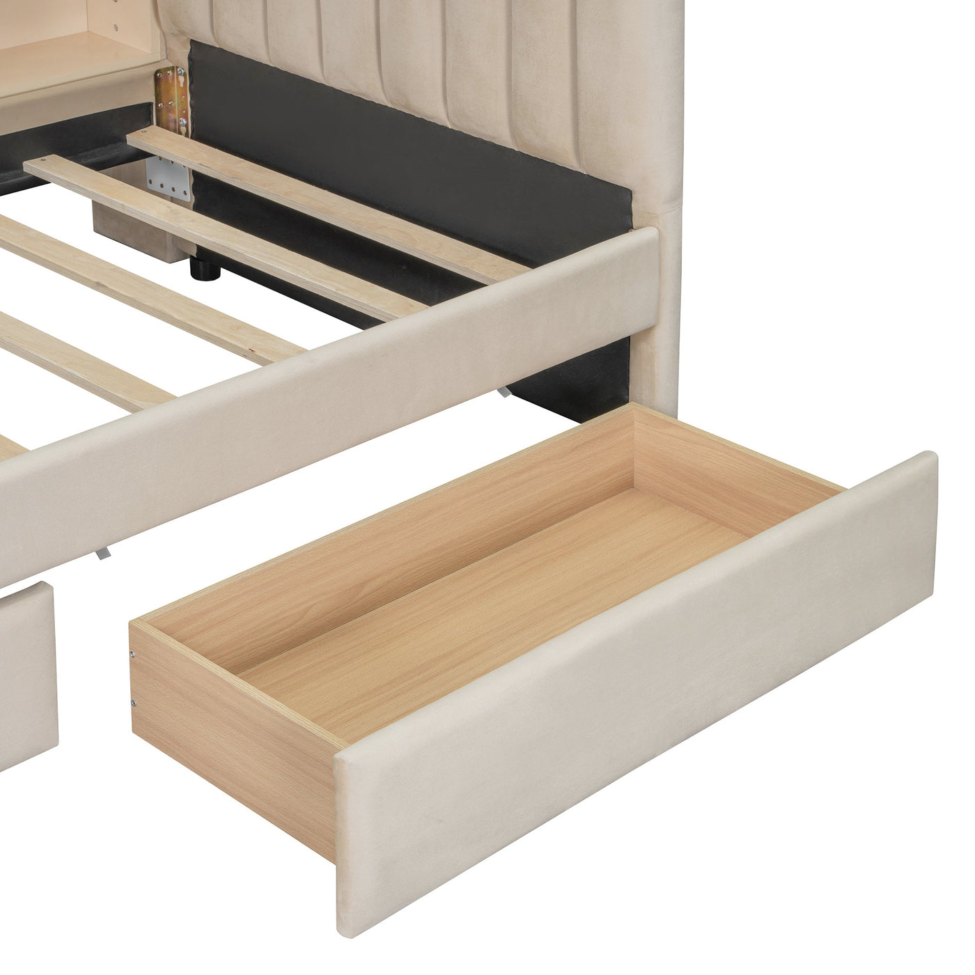 Twin Size Upholstered Daybed with Drawers, Shelves, Flip Cabinets & Side Table (Beige)