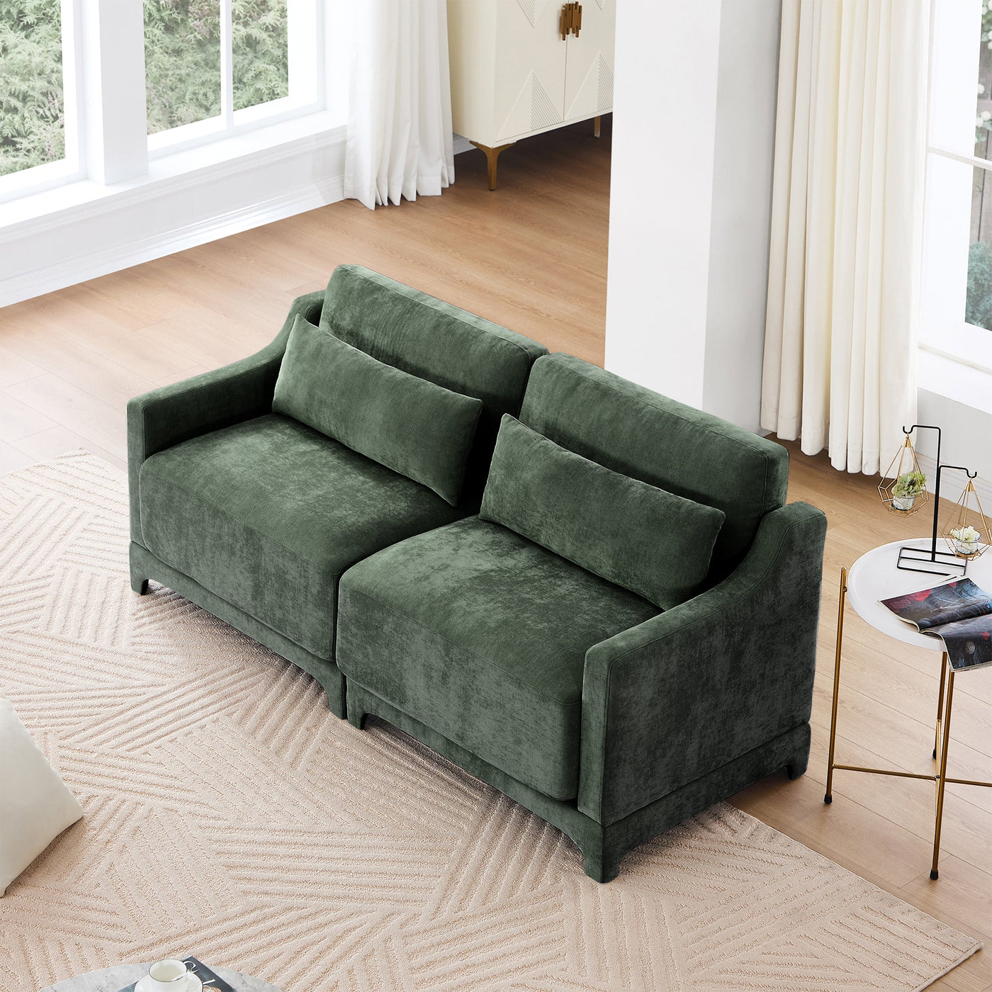 Elegant Two-Seater Chenille Fabric Sofa with Lumbar Pillows, Ergonomic Design, Green