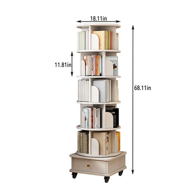 6 Tier Rotating Bookshelf with Wheels and Drawer, 360° Spinning Design, Space Saving Storage, for Home and Office, White MDF