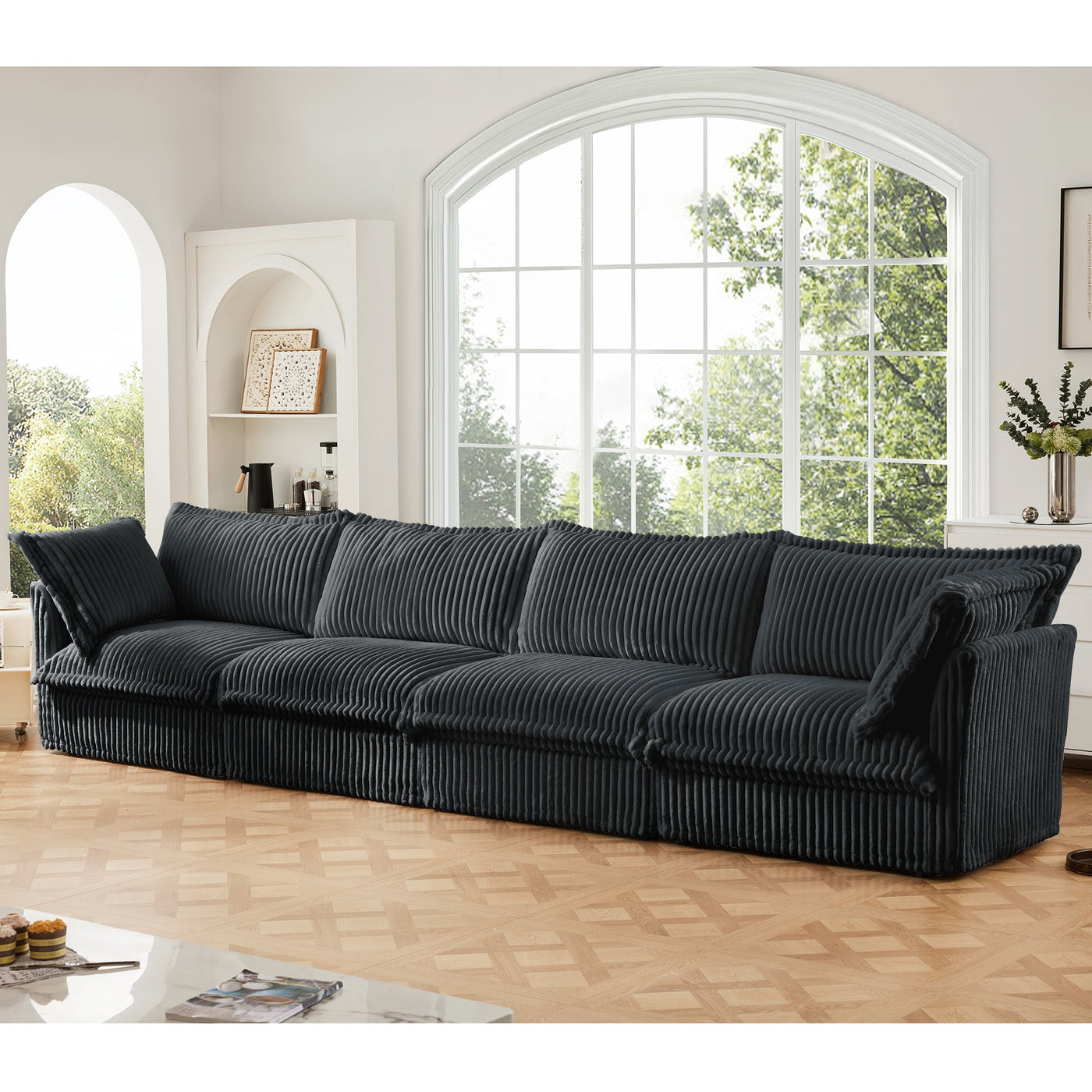 Slipcovered Long Sofa, 4 Seater Sofa with Removable Cover, Extra Deep Couch for Living Room, Corduroy Fabric Cloud Like Comfy Sofa Couch, Gray Corduroy Fabric