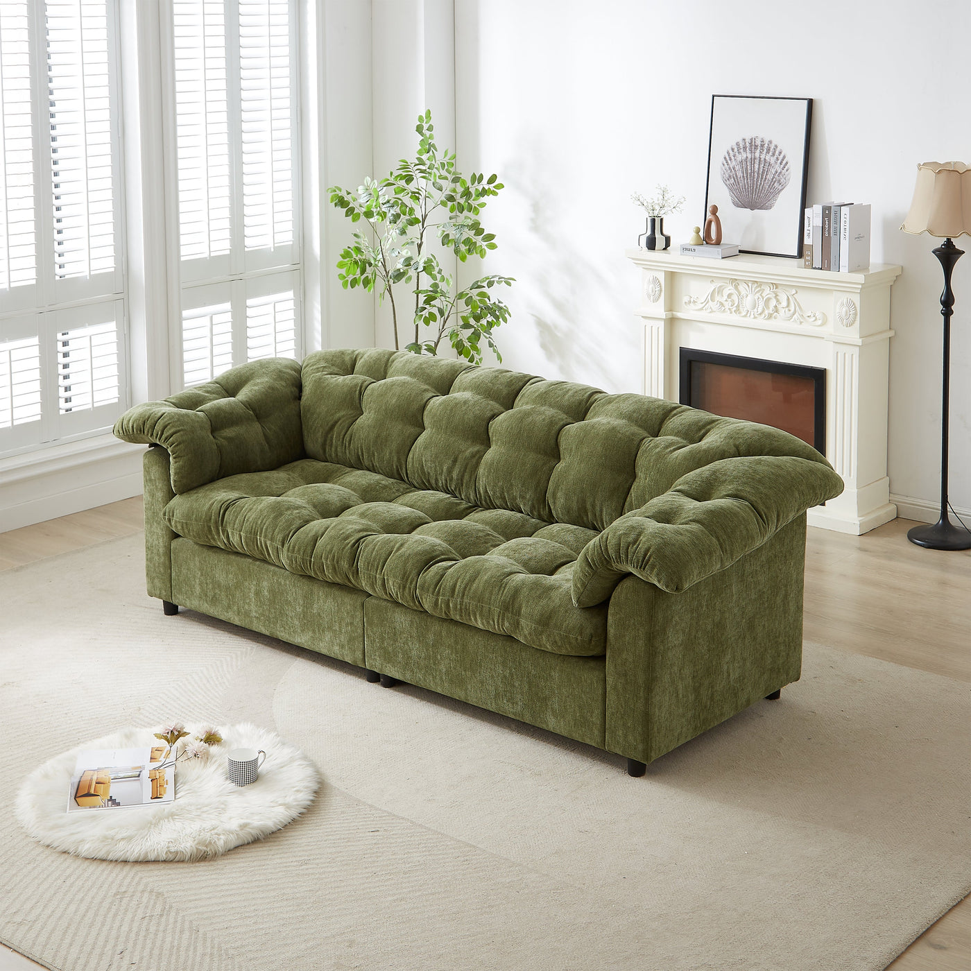 99.2' Chenille Modern Comfort Deep Seat Sofa, Upholstered Fluffy Cloud Sofa Suitable for living rooms, bedrooms, offices and apartments, Green