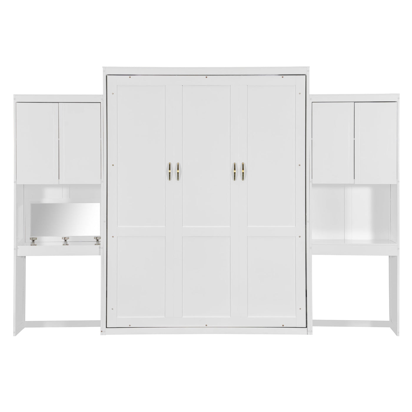 Queen Size Murphy Bed with Desk, Vanity and Cabinets, White
