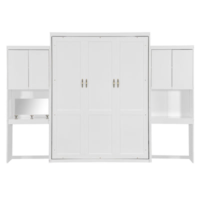 Queen Size Murphy Bed with Desk, Vanity and Cabinets, White