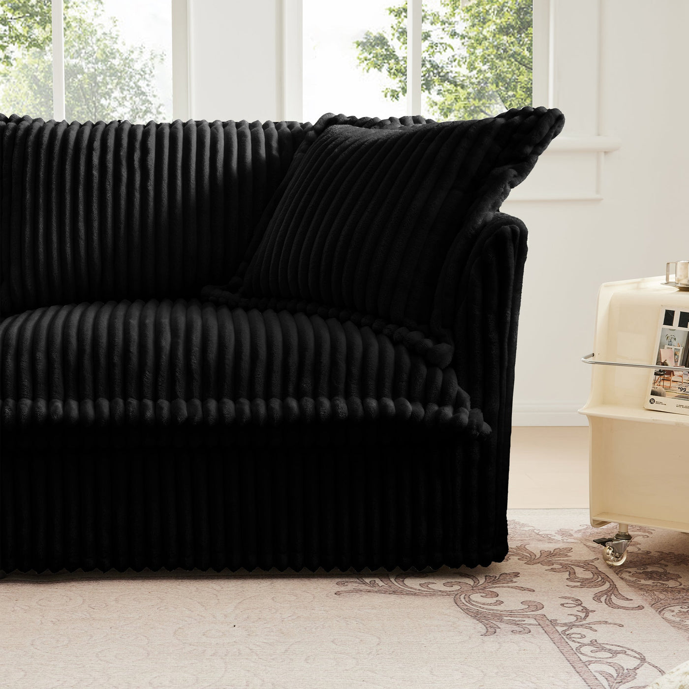 Slipcovered Sofa 2 Seater Sofa    With 2 Ottomans, 2 Seater Sleeper Sofa Bed Home Theater Oversized Sofa For Living Room, Corduroy, Black