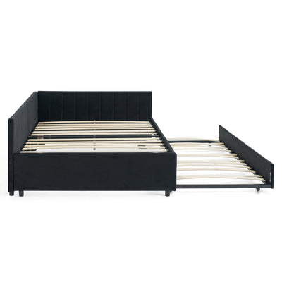 Full Size Daybed with Trundle Upholstered Tufted Sofa Bed, Sofa Bed Frame with Comfortable Backrest and Armrests, Velvet, Black(79.5''x58''x25'')