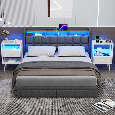 2 Pack Modern Nightstand with Charging Station, Bedside Tables with LED Light and Fabric Drawers
