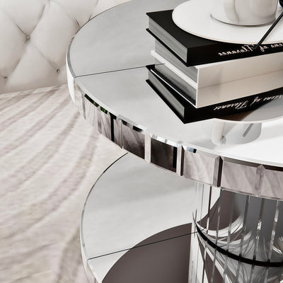 Luxury Double-Tier Round Mirror Coffee & End Table with Fluted Glass - Modern Sofa Side Table, Silver, MDF+Glass, 31.5' Diameter
