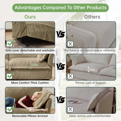 Slip-covered Armchair with 1 Big Back Cushion and 2 Big Toss Pillows, Single Deep Seat Comfy Single Couch Sofa Multiple Large Soft Pillows, Camel Corduroy Fabric