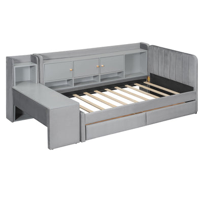 Twin Size Upholstered Daybed with Drawers, Shelves, Flip Cabinets & Side Table (Gray)