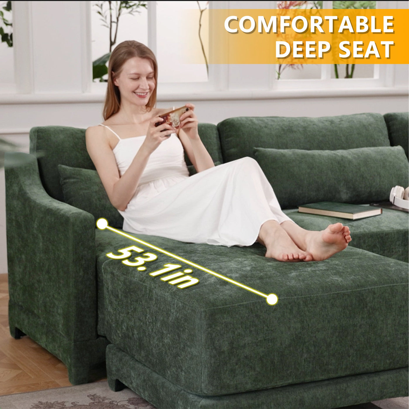 Stylish Two-Seater Sofa with Ottoman and Lumbar Pillows, Green Chenille Fabric, Ergonomic Design