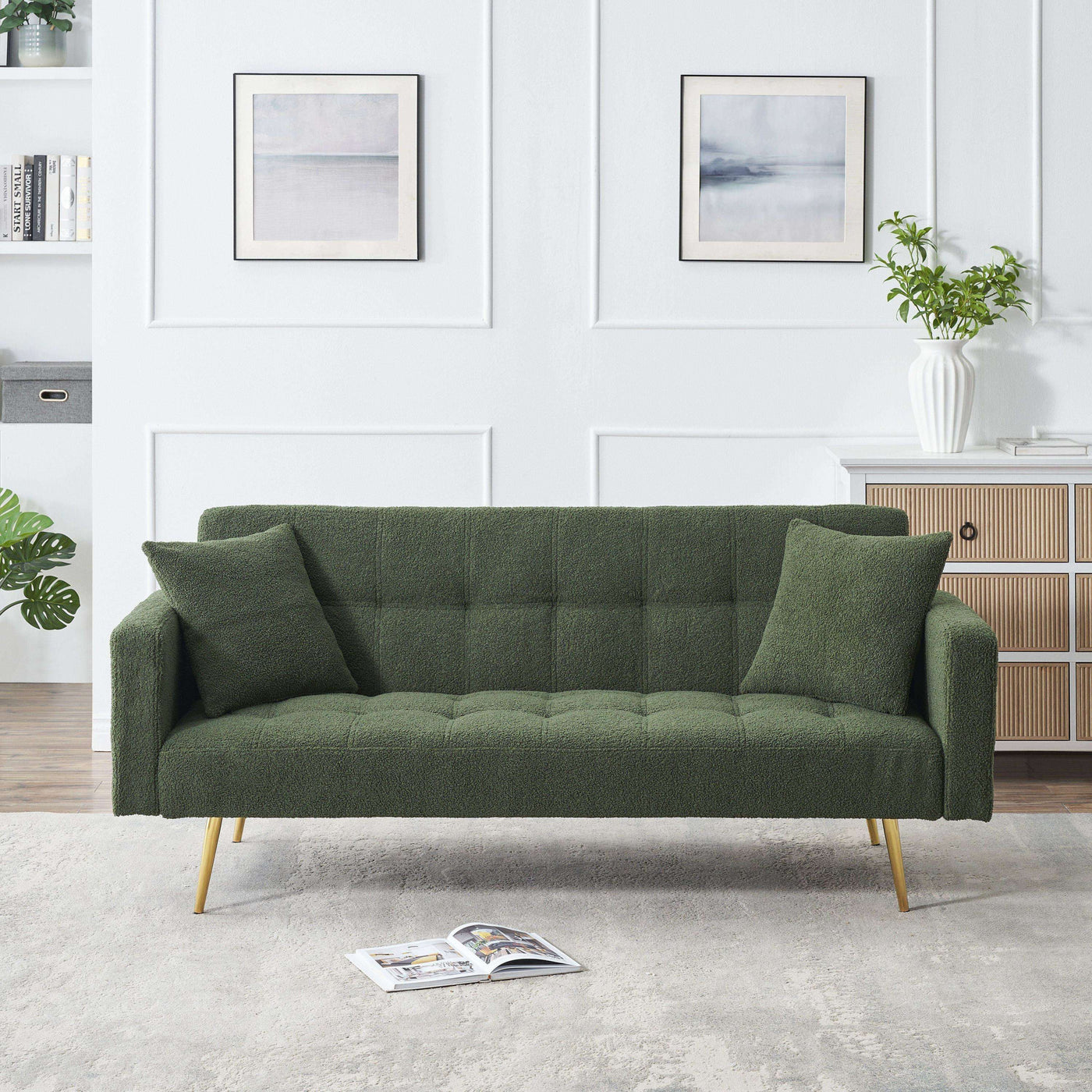 Elegant Green Teddy Fleece Sofa Bed with Two Charming Throw Pillows, Metal Legs, 71.7 Inches