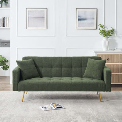 Elegant Green Teddy Fleece Sofa Bed with Two Charming Throw Pillows, Metal Legs, 71.7 Inches